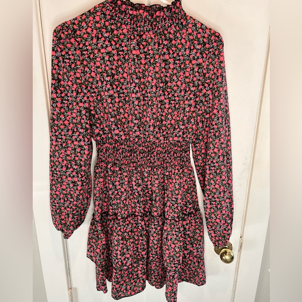 Black with pink floral pattern, small dress, long sleeves